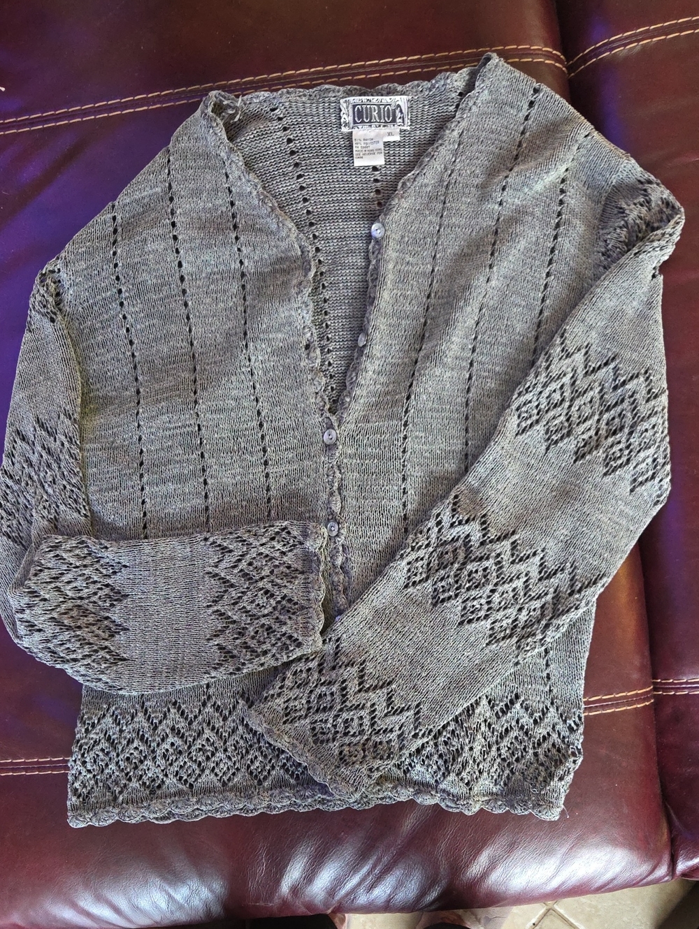 Women's Gray V-Neck Button Cardigan with Intricate Lace Trim